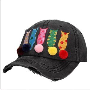CAT MOM hat Pom Pom 5 cats Distressed Hat